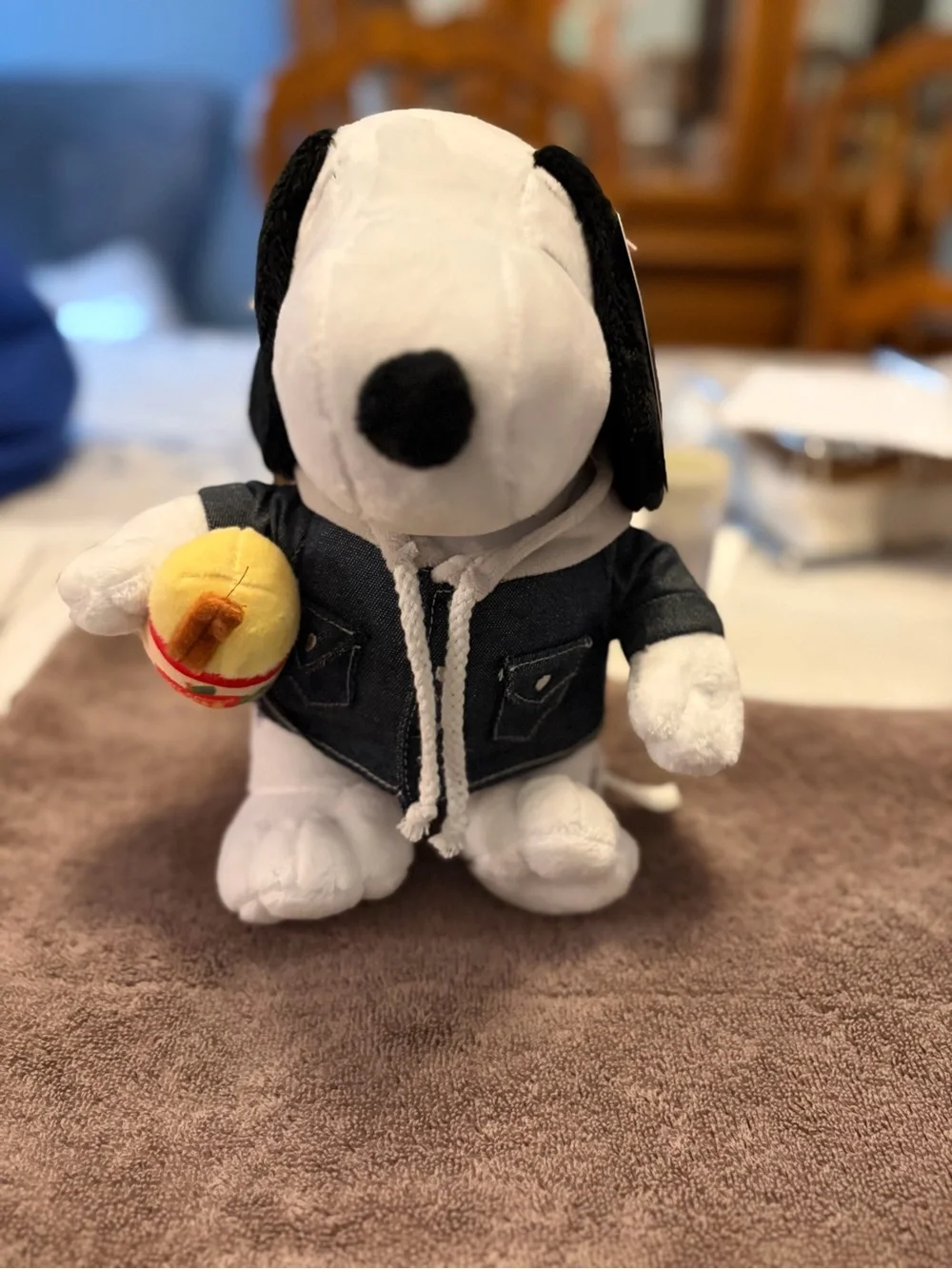 Plush Snoopy Toy in White and Denim Jacket NWT with a jar of Apple Cider